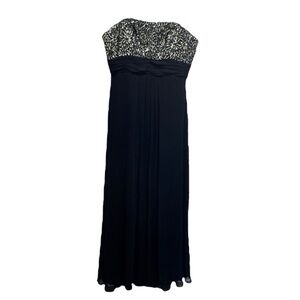 Theia Strapless Beaded Floral Navy Blue Silk Chiffon Gown Size 10